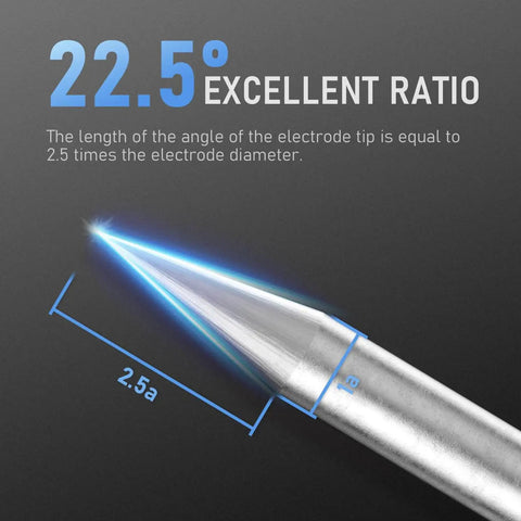 Close-up of Pre-Sharpened 2% Lanthanated TIG Tungsten Electrode showing 22.5° angle for precise welds in mild steel, stainless, aluminum