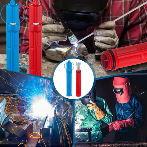 Double Pack Tungsten Holder for TIG Welding Rods, 7.9 Inch Storage Tube with Magnetic Base, Airproof Canisters in Red and Blue.