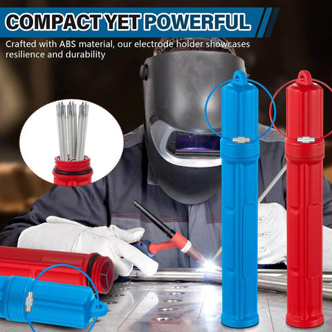Double Pack Tungsten Holder for TIG Welding Rods, 7.9 Inch Storage Tube With Magnetic Base, shown open with electrodes, red and blue