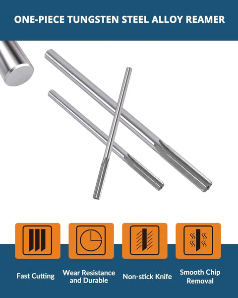 Close-up of one-piece tungsten steel alloy reamer with icons for fast cutting, wear resistance, non-stick, and chip removal.