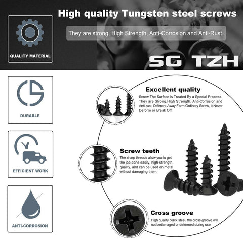 High quality tungsten steel screws with anti-corrosion and efficient work features displayed with durability icons.