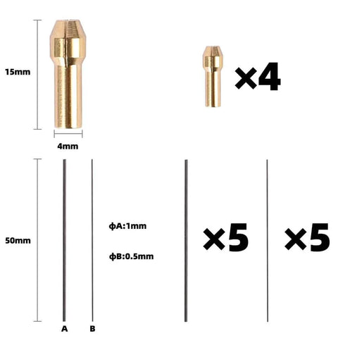 Jewelry Spot Welding Pen With Tungsten Needle Clip And Pole Clip shown with rods and sizes for jewelry repair and DIY metal work