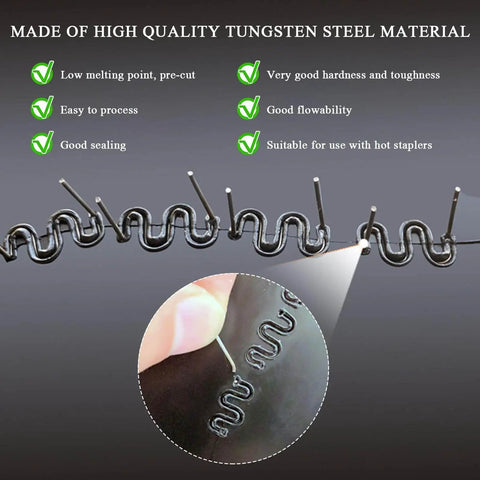 Hot Staples Welding Rods For Plastic And Metal Repair With Wave Bonding, 0.6mm And 0.8mm Thickness, showing staple detail and uses.