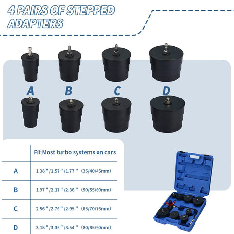Turbo system leakage tester kit with 4 pairs of stepped adapters A-D, black plastic and blue carrying case.