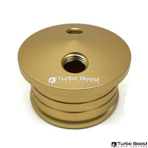Turbo Boost Leak Tester disk, gold aluminum, 3-inch size, dual threaded ports for turbo/intake pipe, Amazon brand