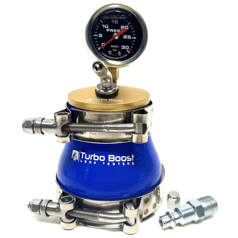 Turbo Boost 3-inch leak tester kit with blue 6061 aluminum body, pressure gauge, and stainless clamps