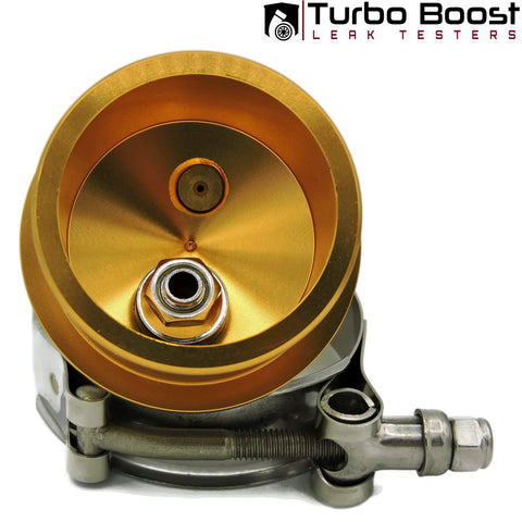 Turbo Boost Leak Tester kit: gold anodized circular test wheel with mounting base and hardware