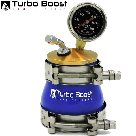 Turbo Boost Leak Tester kit with blue body, gold cap, pressure gauge, and metal clamps; universal intake pipe tester.