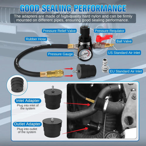 Turbo Boost Leak Tester Kit 10pc with pressure gauge, hose, relief valve, and four adapter pairs for US/EU fittings