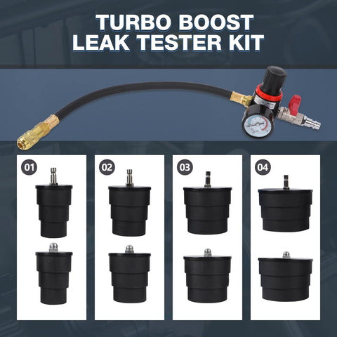Turbo boost leak tester kit with pressure gauge, rubber hose, brass fittings, and four pairs of stepped adapters (10 pcs total)