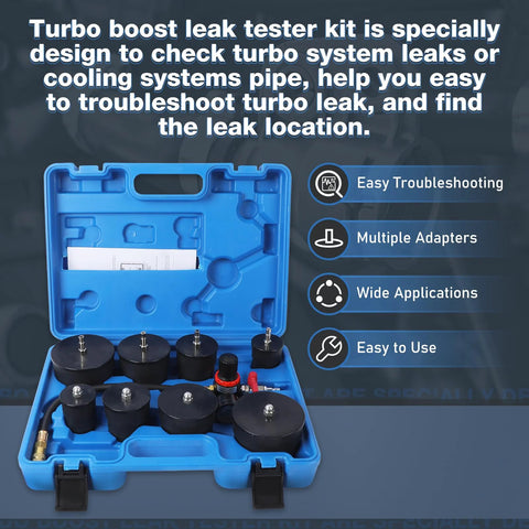 Turbo boost leak tester kit in a blue case with 10 black adapters and pressure gauge for automotive turbo system testing.
