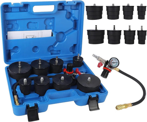 Angchun turbo system leakage tester kit in blue case with 10 adapters and pressure gauge
