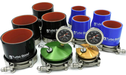 Turbo Boost Leak Testers universal intake pressure test kit with blue and black silicone hoses and dual gauges (2–4 in).