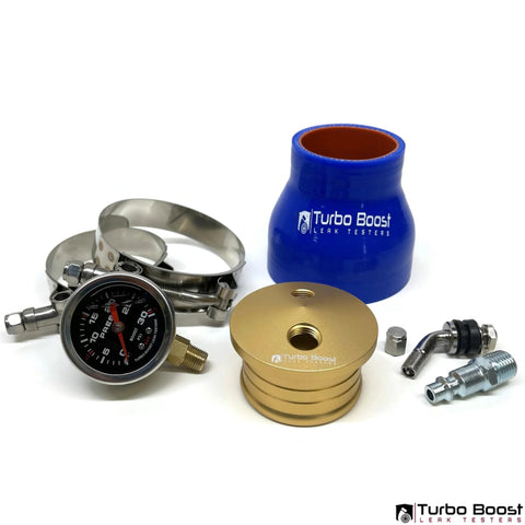 Turbo Boost Leak Testers kit for 3-inch turbo/intake pipe; blue silicone cap, gold aluminum adapter, gauge, clamps