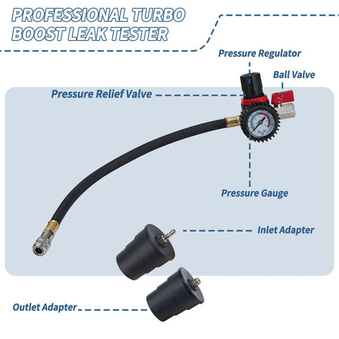 Turbo boost leak tester kit with pressure gauge, regulator, ball valve, black hose, and four adapters 1-3/8 to 3-1/2 in.