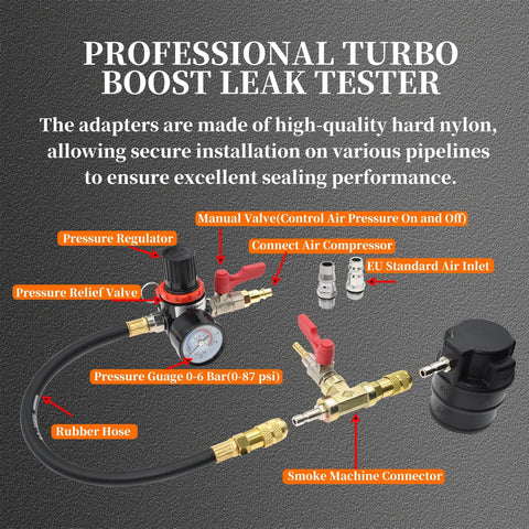 Yuesstloo 19Pcs Turbo System Leakage Tester Kit with 8 stepped adapters, air pressure gauge, rubber hose