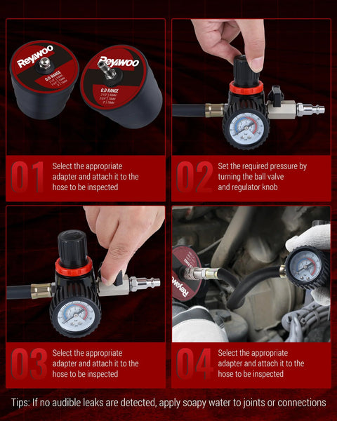 Reywoo Turbo Boost Leak Tester Kit with four stepped adapters, hose, regulator and gauge used on car engine.