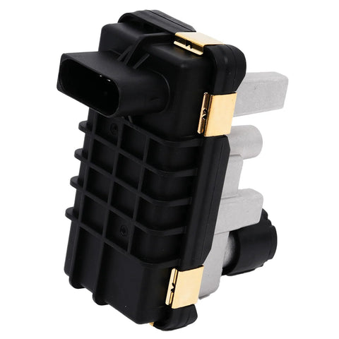Angled front view of turbo electronic actuator with black housing, gold terminals, and gray mounting posts.