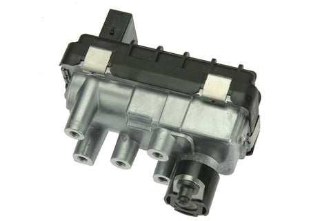 Turbo electronic actuator with silver metal housing and black top, four port outlets.