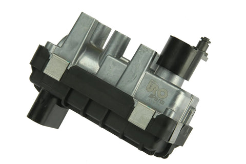 Turbo electronic actuator, URO Parts 7773185002SA, metal housing with black electrical connectors.