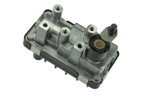 Turbo electronic actuator, silver aluminum housing with mounting studs and electrical connector.