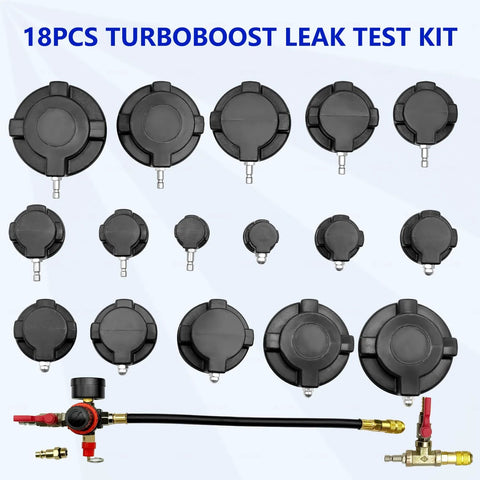 ZKTOOL 18-piece turbo boost leak test kit; round black adapters, 8 pairs, sizes 1-1/4 to 4-3/8, hose fittings