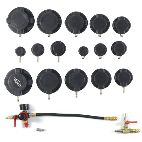 Wzyblixo Turbo System Leakage Tester Kit, 19-piece set with black caps and stepped adapters 1¼–4¼, hose and fittings