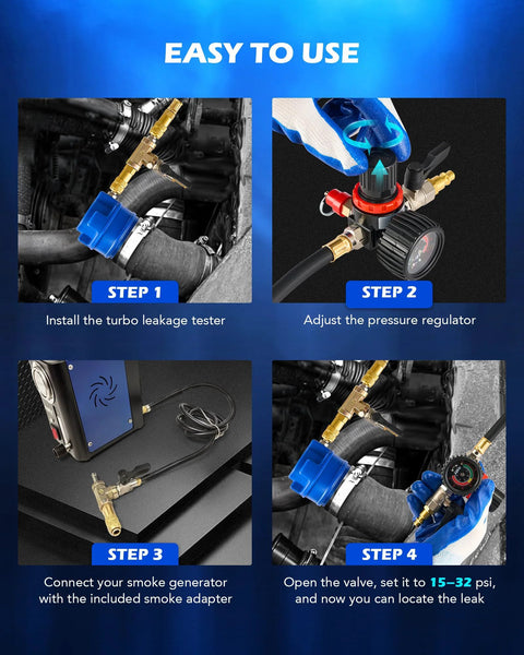 Turbo boost leak tester kit with smoke adapter and 6 pairs of stepped adapters (1.2 to 3.5 in), instructional collage