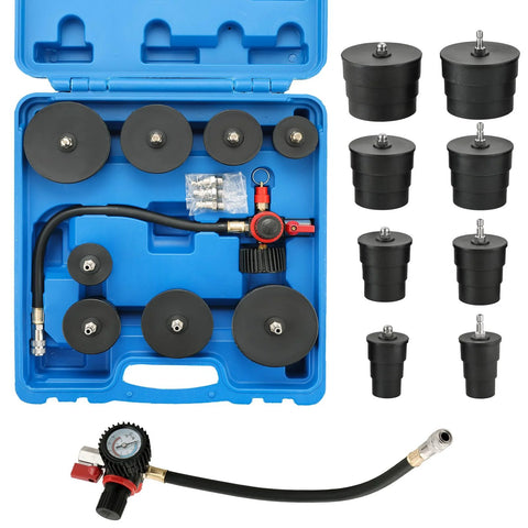 Amazon DASBET turbo leakage tester kit in blue case with 4-pairs of stepped adapters (1-3/8 to 3-1/2 in) and gauge hose