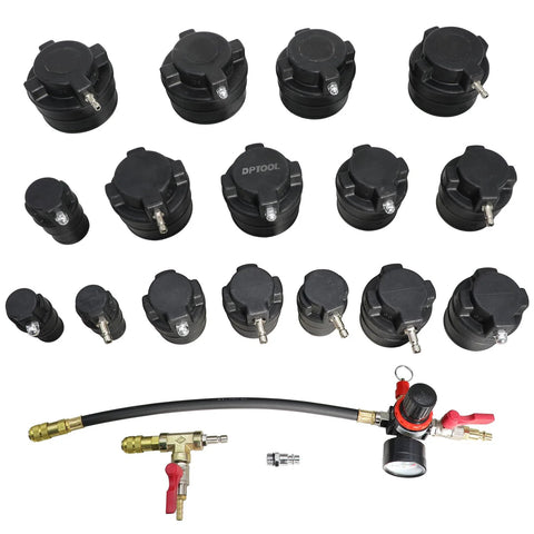 DPTOOL turbo leakage tester kit, 19 pcs with 16 stepped adapters 1-1/4 in to 4-1/4 in, black plastic, hose and gauge