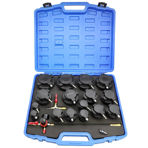DPTOOL Turbo System Leakage Tester Kit, 19 pcs in blue case with black caps and metal fittings.