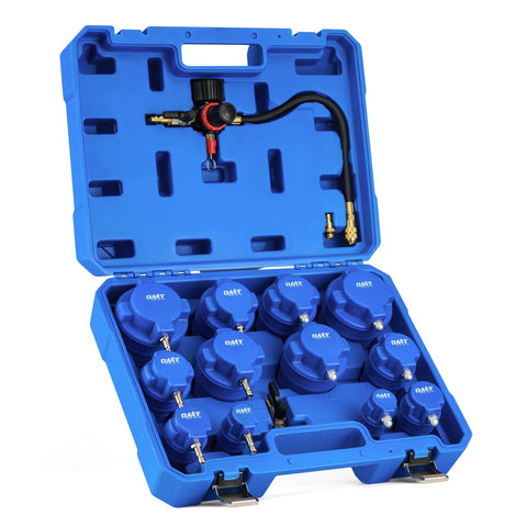 Orion Motor Tech turbo boost leak tester set in blue case with 12 blue adapters 1.2–3.5 in and hose assembly