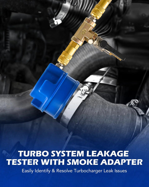 Turbo leak tester kit with blue plastic adapter and brass fittings installed on a vehicle hose