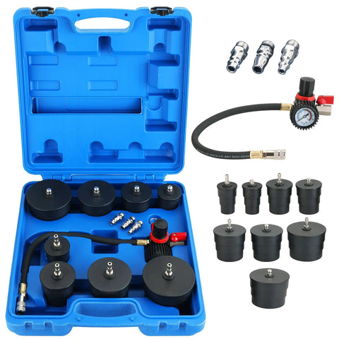 Amazon weyleity Turbo System Leakage Tester Kit in blue case; 12-piece with 1-3/8 to 3-1/2 in adapters, gauge, hose.