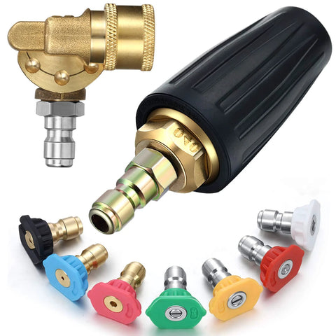 Pressure washer nozzle tip kit with 7 color-coded tips and 1/4-in quick-connect; brass pivoting coupler