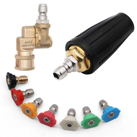 Pressure washer turbo nozzle kit with 7 color spray tips, 1/4 inch quick-connect, brass rotating nozzle, connector.