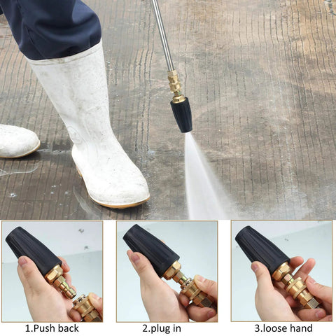 Mudder pressure washer nozzle kit with 1/4 in quick-connect and brass pivoting coupler; includes 7 spray tips.