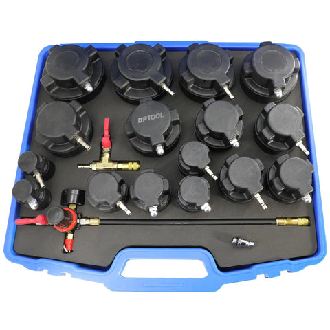 DPTOOL Turbo System Leakage Tester Kit, 19pc automotive tool set in blue case with black caps and 16 adapters