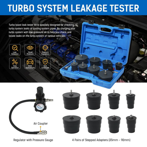 Wenzhon turbo system leak tester kit in blue case with 8 stepped adapters and pressure regulator