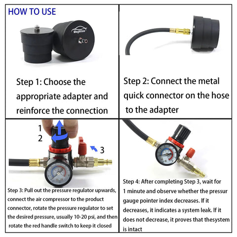Wzyblixo turbo leakage tester kit instruction collage showing regulator, pressure gauge, hoses and brass adapters.