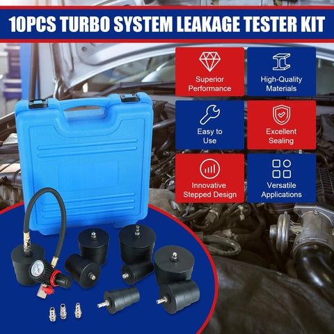 Automotive NYXOVA 10-piece turbo system leak tester kit with blue carrying case, pressure gauge hose, and black adapters