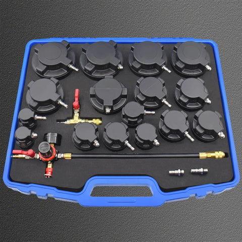 Yuesstloo 19-pc turbo leakage tester kit in blue case with 8 stepped adapters (1-1/4 to 4-1/4), brass fittings