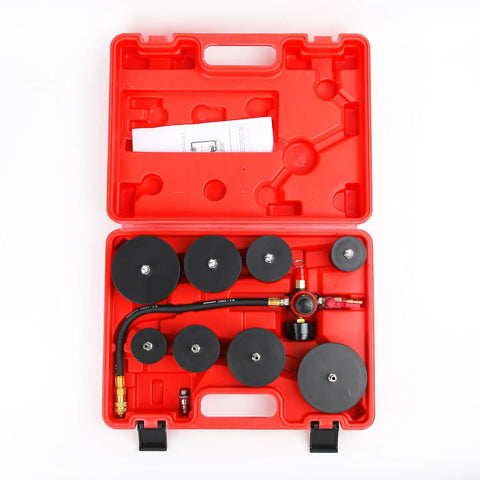 Automotive turbo system leakage tester kit, 10-piece set with 4 pairs of stepped adapters, red case with hoses and gauge