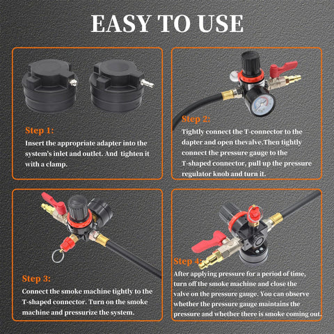 Yuesstloo 19PCS Turbo System Leakage Tester Kit with gauge, hose and stepped adapters, four-panel infographic