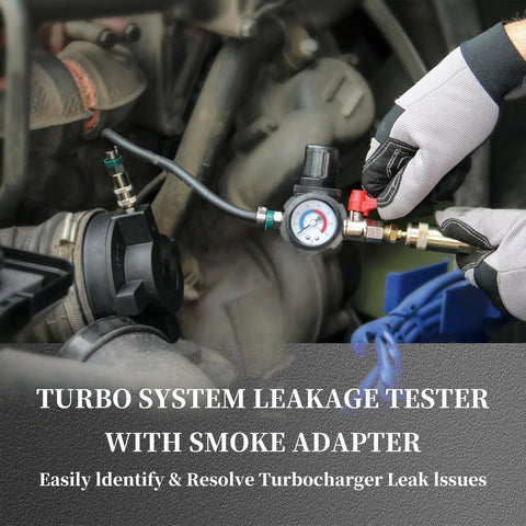 Yuesstloo 19PCS turbo system leakage tester kit with pressure gauge, red valve, and hoses installed on a car engine; gloved hand
