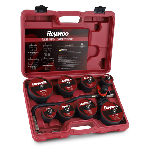 Reywoo Turbo System Leakage Tester Kit, 10pc set with stepped adapters 1-3/8 to 3-1/2 in, red carrying case