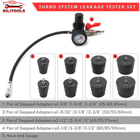 BILTOOLS 9-piece turbo leakage tester set, front view; black stepped adapters, hose, and pressure gauge