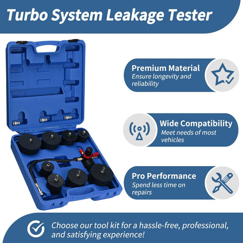 Turbo System Leakage Tester Kit in a blue plastic case with 4 pairs of stepped adapters and a pressure gauge