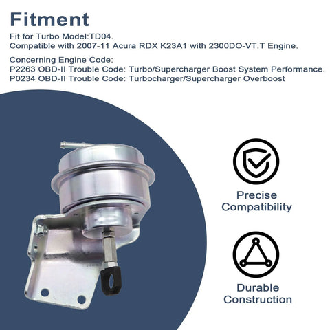 Turbo wastegate vacuum actuator in metallic silver with mounting bracket; compatible with 2007–2011 Acura RDX K23A1.