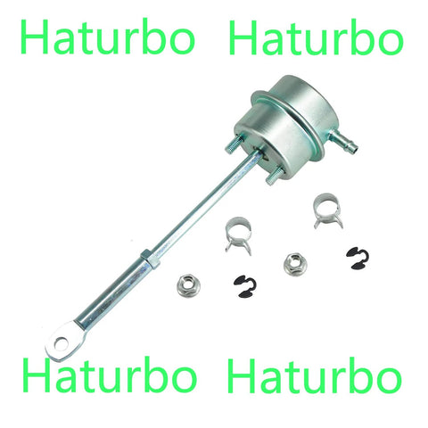 Amazon turbo wastegate vacuum actuator with mounting rod and hardware kit, silver metal automotive part.